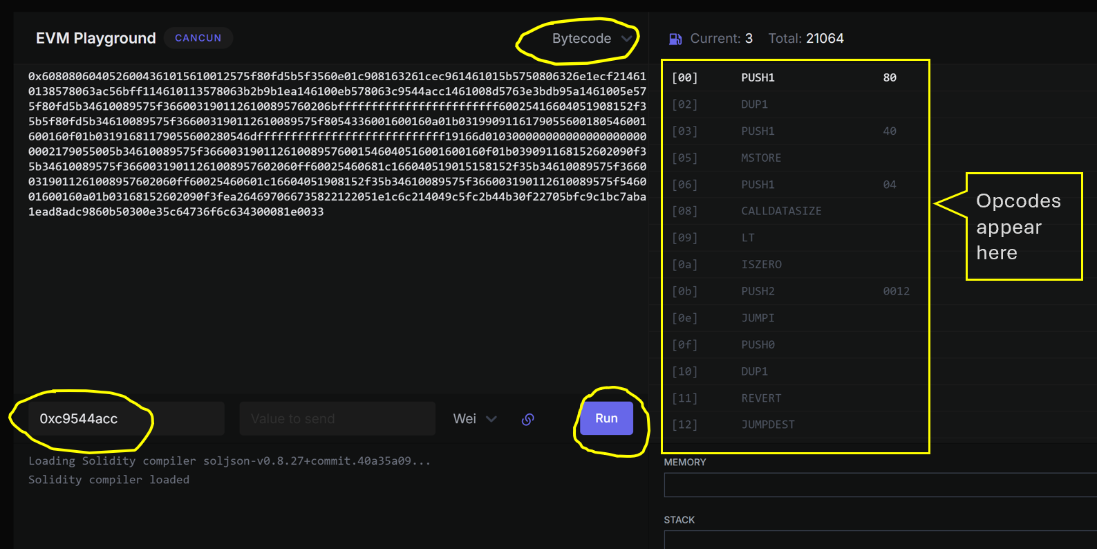 EVM Codes Playground: Opcodes for Storage1 Contract